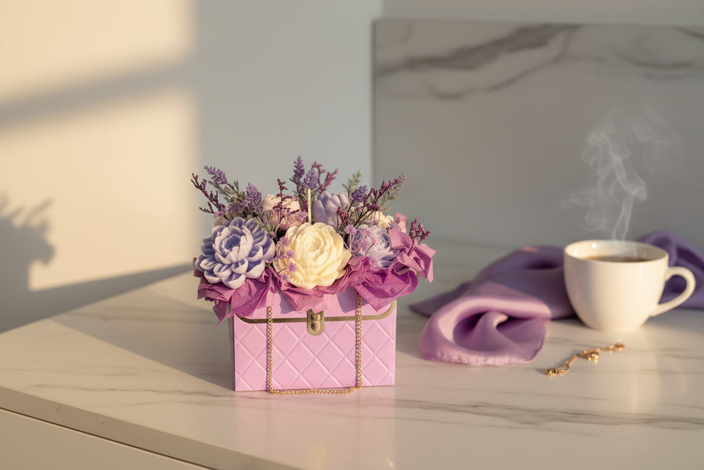 Handcrafted purple quilted purse candle bouquet with lavender and cream flowers on a marble countertop next to a steaming white ceramic teacup, a purple silk scarf, and gold jewelry in warm morning sunlight.