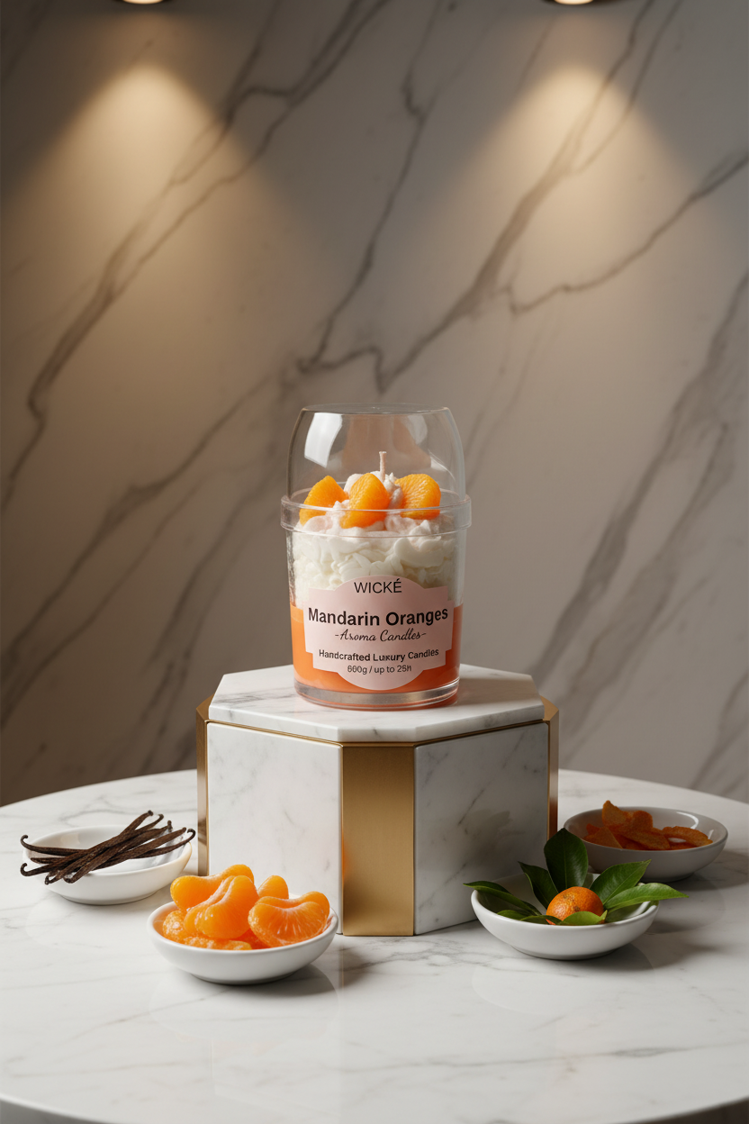 A WICKÉ 'Mandarin Oranges' scented candle in a clear glass jar with a clear glass dome lid, filled with white wax and topped with three orange mandarin segments, on a white background.