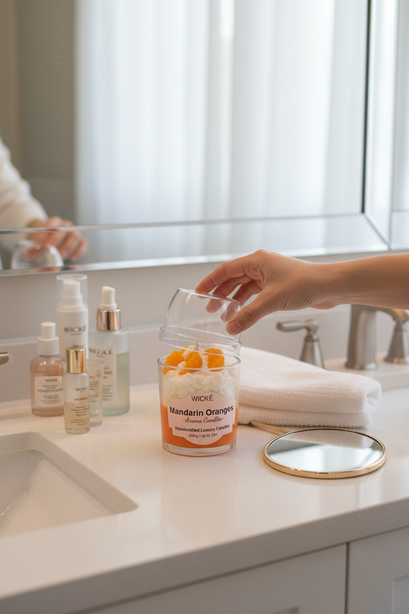 A WICKÉ 'Mandarin Oranges' scented candle in a clear glass jar with a clear glass dome lid, filled with white wax and topped with three orange mandarin segments, on a white background.