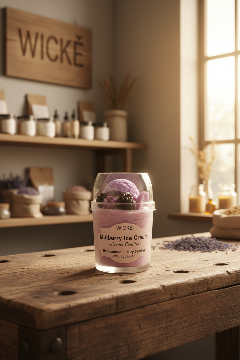 A WICKÉ Mulberry Ice Cream aroma candle in a clear plastic tub with a clear domed lid, decorated with purple ice cream scoops and blackberries, on a white background.