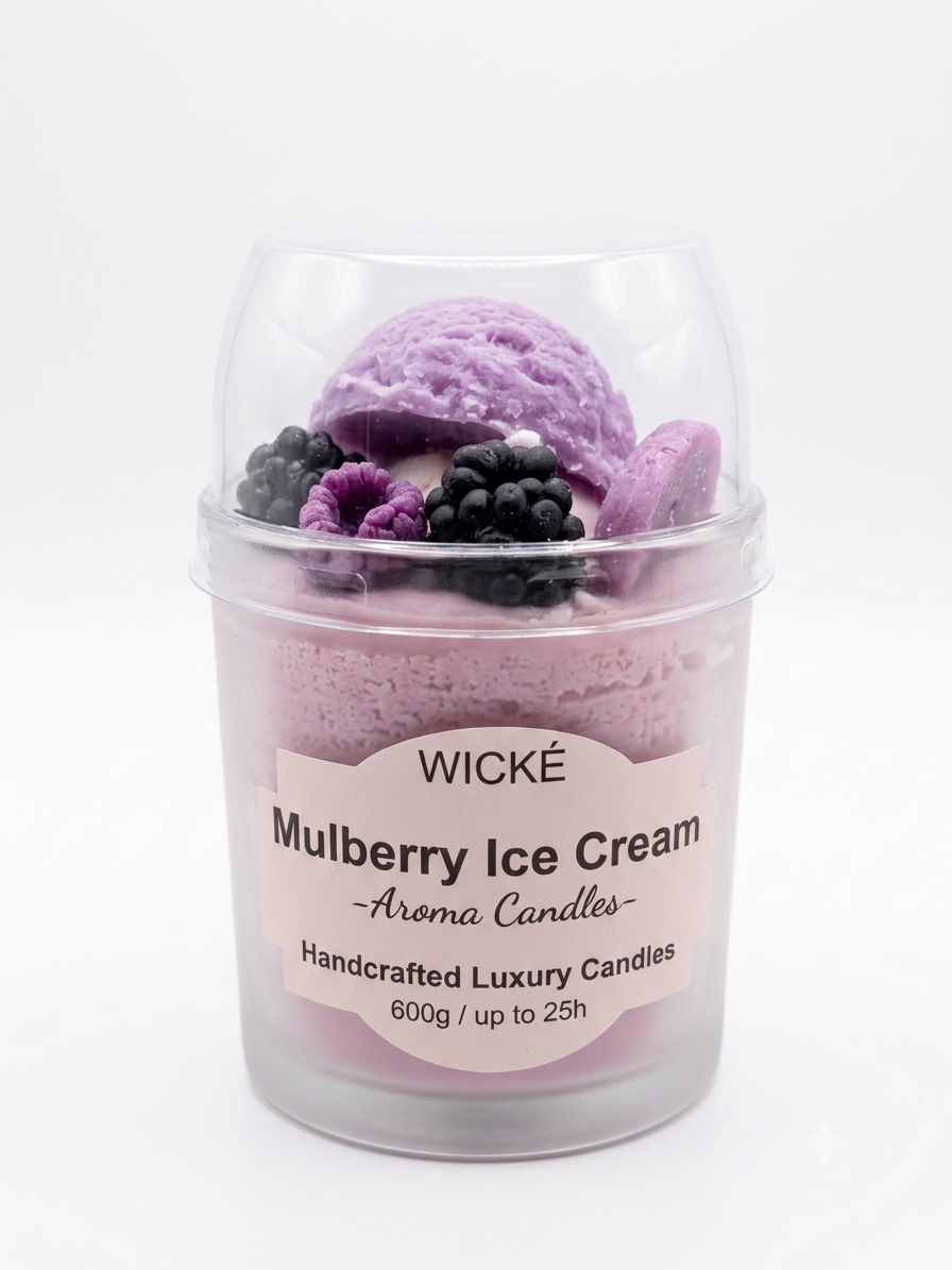 A WICKÉ Mulberry Ice Cream aroma candle in a clear plastic tub with a clear domed lid, decorated with purple ice cream scoops and blackberries, on a white background.
