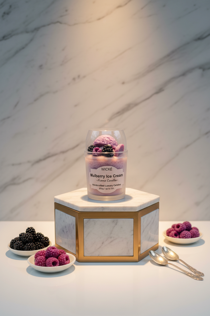 A WICKÉ Mulberry Ice Cream aroma candle in a clear plastic tub with a clear domed lid, decorated with purple ice cream scoops and blackberries, on a white background.