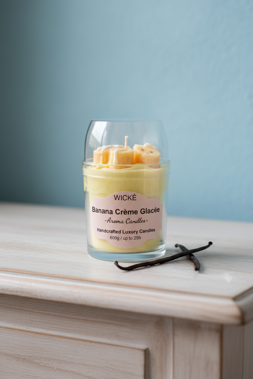 A WICKÉ Banana Crème Glacée aroma candle in a clear glass jar with a clear lid, filled with pale yellow wax and topped with three small yellow banana-shaped wax candles with white drizzle, on a white background.