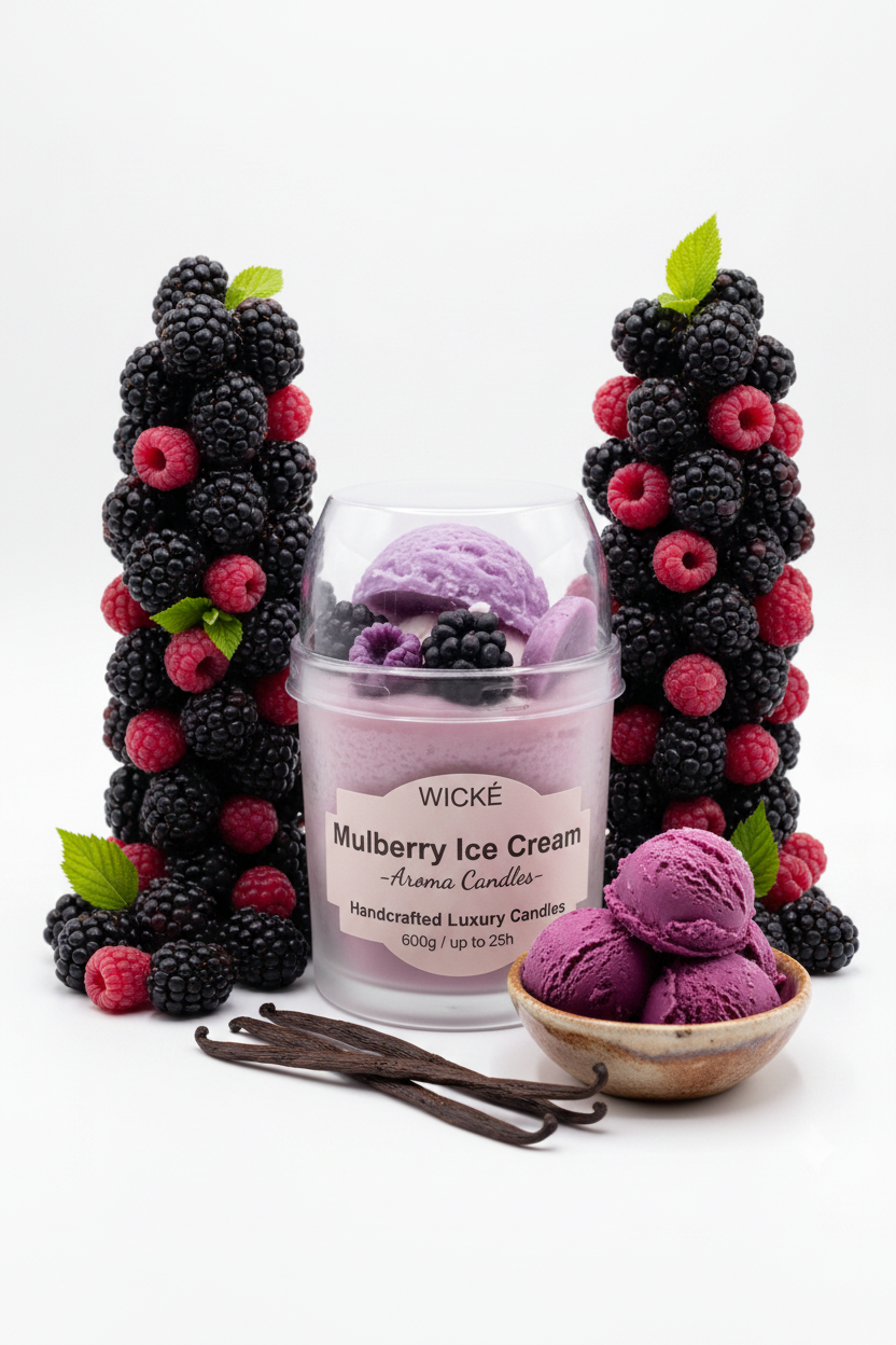 A WICKÉ Mulberry Ice Cream aroma candle in a clear plastic tub with a clear domed lid, decorated with purple ice cream scoops and blackberries, on a white background.
