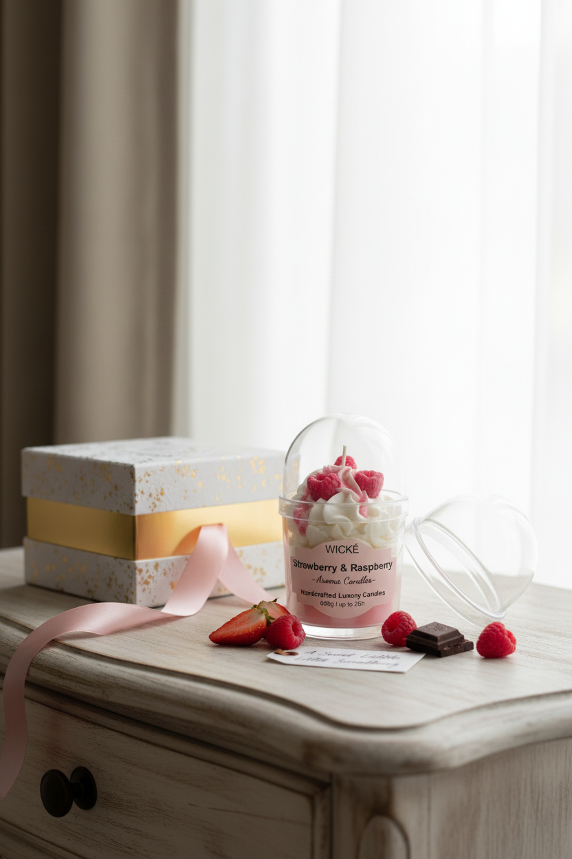 A WICKÉ Strawberry & Raspberry aroma candle in a clear glass jar with a white and pink label, topped with white wax swirls and two pink raspberry decorations under a clear dome lid, on a white background.