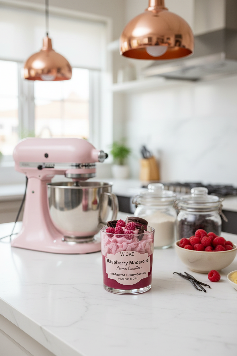 A Raspberry Macrons scented candle by WICKÉ in a clear glass jar, decorated with pink whipped wax, dark red raspberries, and chocolate cookie pieces on top, set against a plain white background.