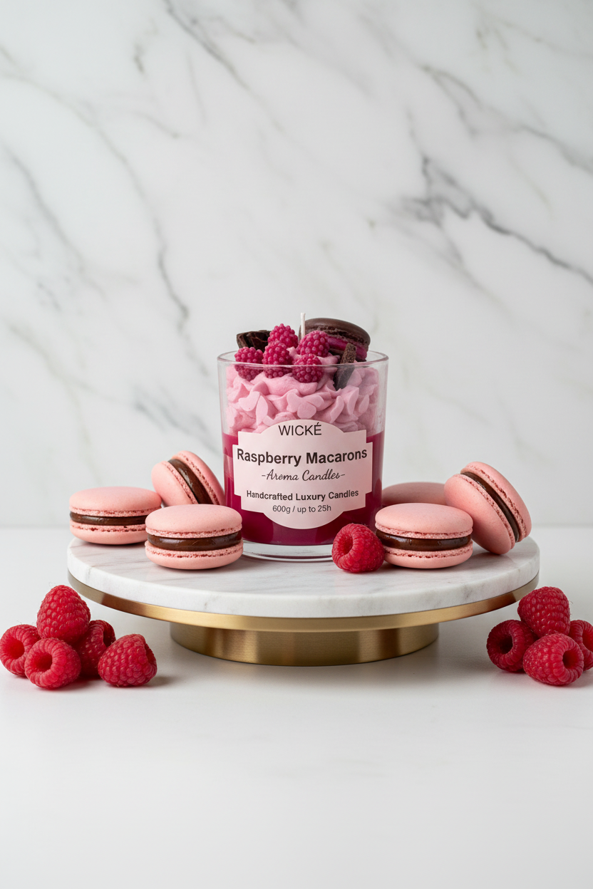 A Raspberry Macrons scented candle by WICKÉ in a clear glass jar, decorated with pink whipped wax, dark red raspberries, and chocolate cookie pieces on top, set against a plain white background.