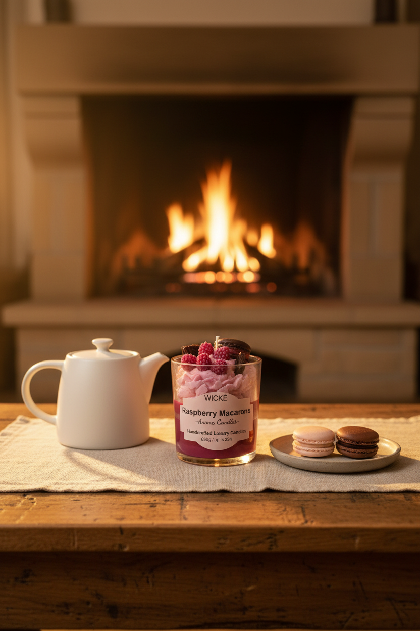A Raspberry Macrons scented candle by WICKÉ in a clear glass jar, decorated with pink whipped wax, dark red raspberries, and chocolate cookie pieces on top, set against a plain white background.