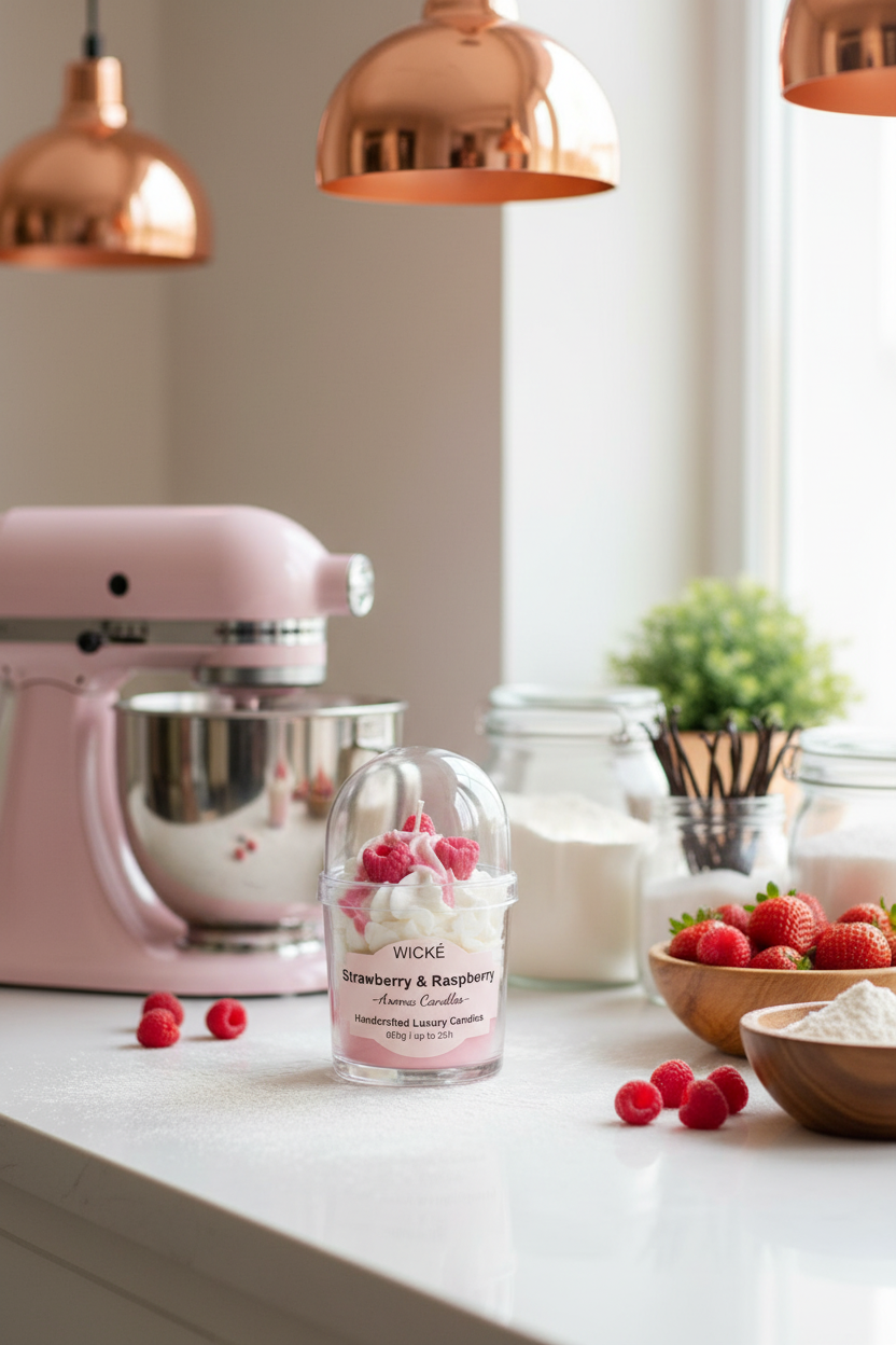 A WICKÉ Strawberry & Raspberry aroma candle in a clear glass jar with a white and pink label, topped with white wax swirls and two pink raspberry decorations under a clear dome lid, on a white background.