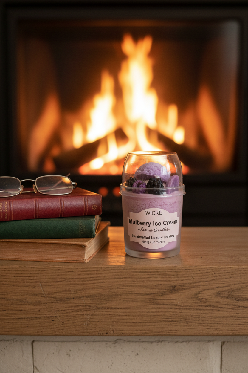 A WICKÉ Mulberry Ice Cream aroma candle in a clear plastic tub with a clear domed lid, decorated with purple ice cream scoops and blackberries, on a white background.