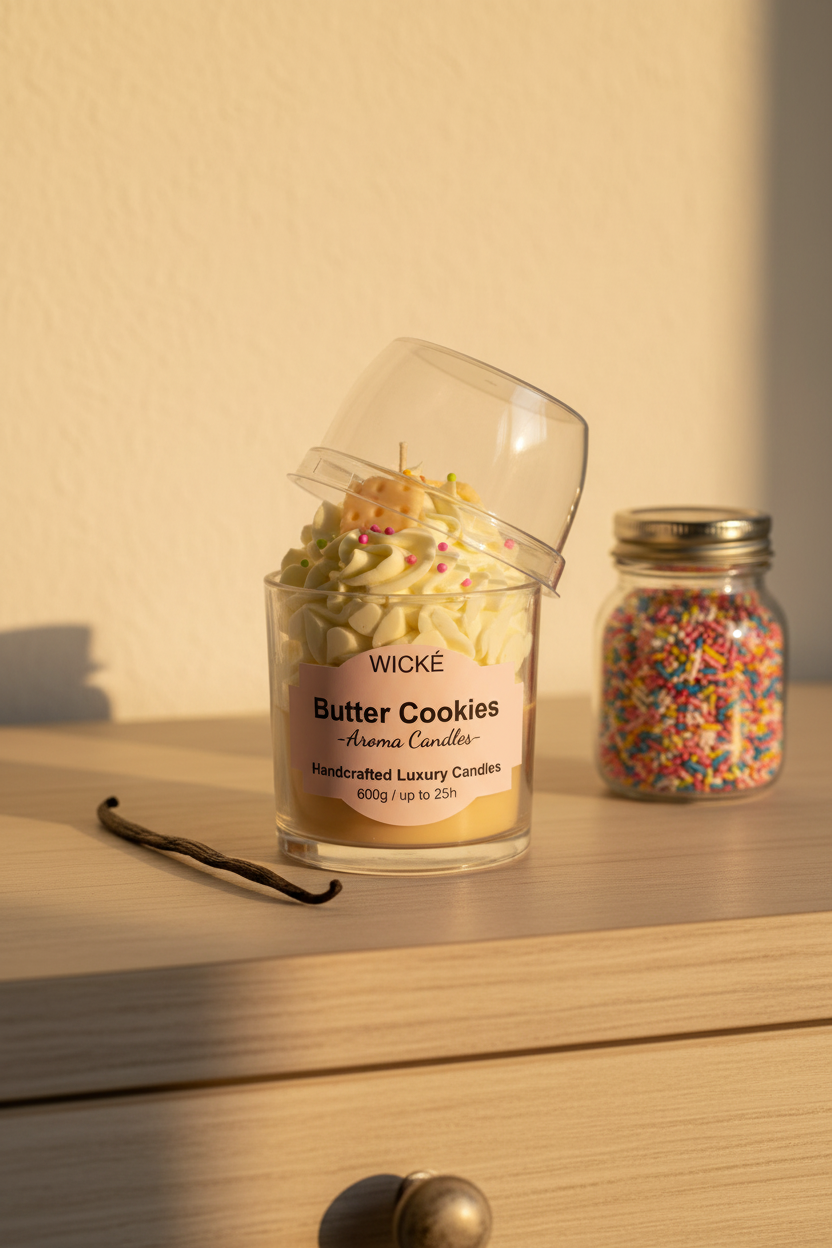 A WICKÉ Butter Cookies aroma candle in a clear glass jar with a clear plastic dome lid. The candle features a layered design with cream-colored frosting swirls, a yellow cracker cookie candle piece on top with small colorful sprinkles, and a pale yellow wax base.