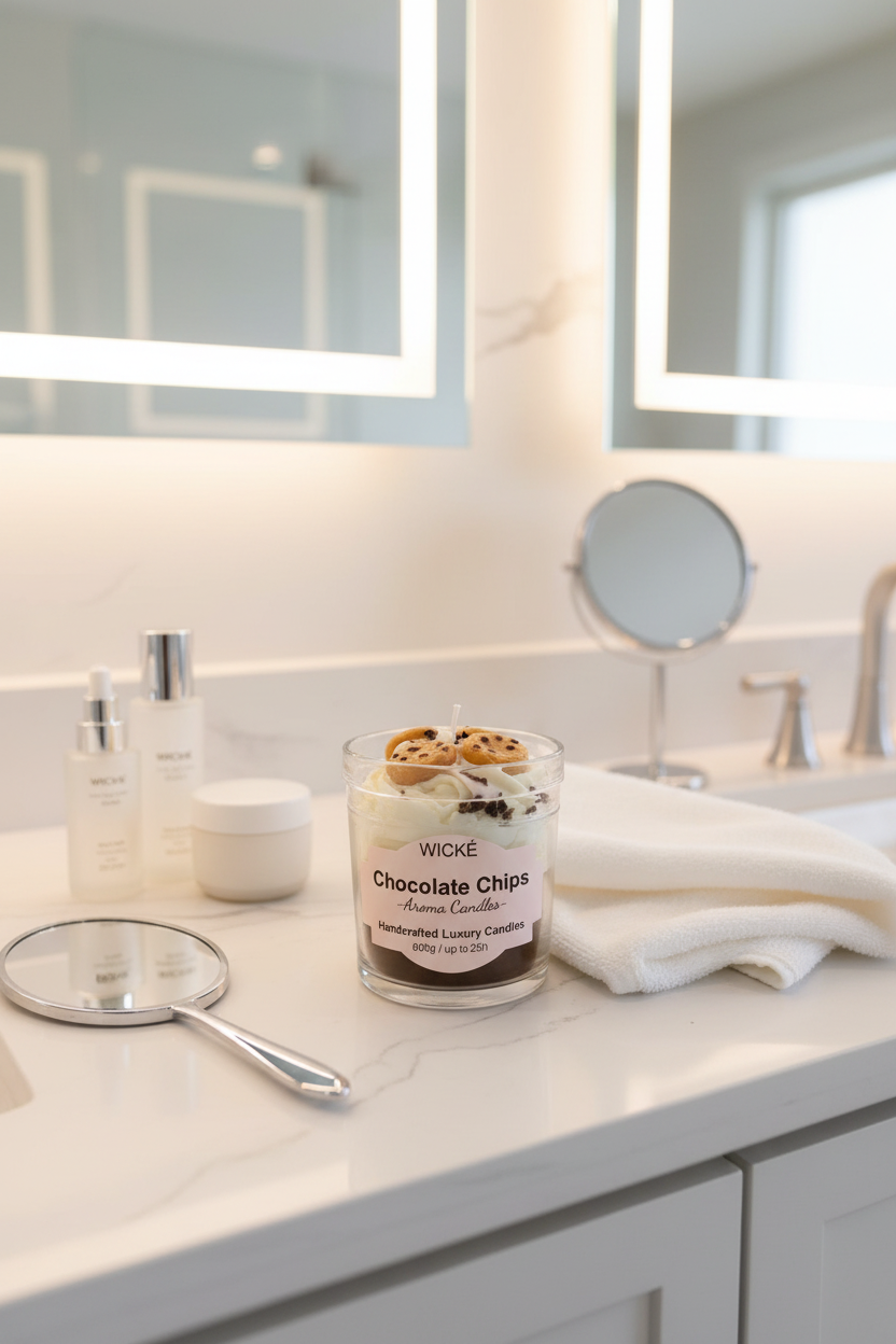 A WICKÉ Chocolate Chips aroma candle in a clear jar with a white wax base, decorated with white drizzle and chocolate chip cookies on top, under a clear protective dome lid.