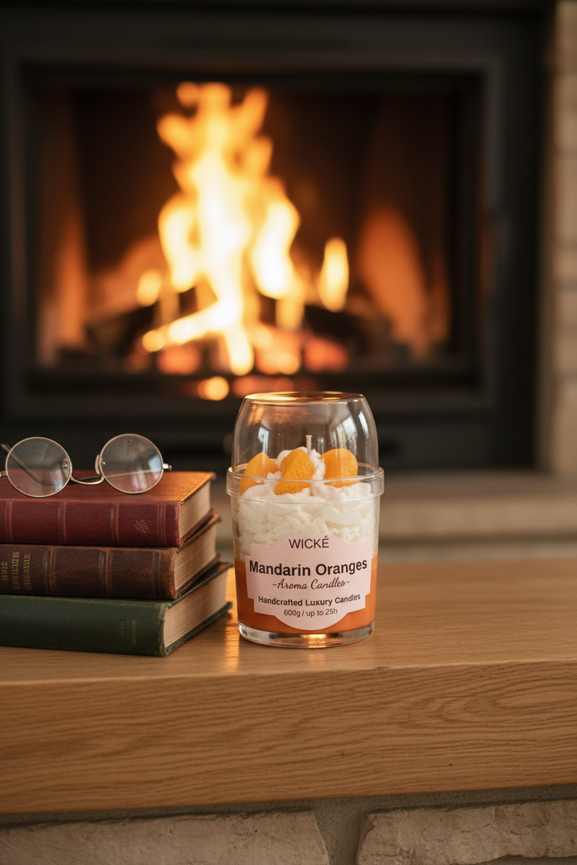 A WICKÉ 'Mandarin Oranges' scented candle in a clear glass jar with a clear glass dome lid, filled with white wax and topped with three orange mandarin segments, on a white background.