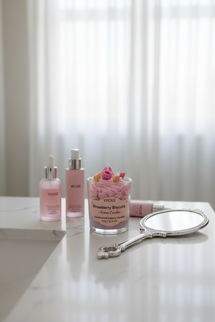 A WICKÉ Strawberry Biscuits aroma candle in a clear glass jar, filled with pink wax and topped with miniature pink and beige biscuits, on a white background.