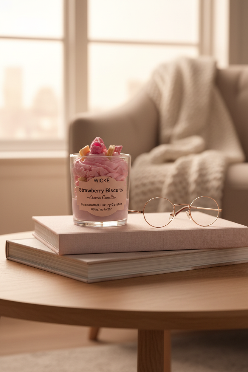 A WICKÉ Strawberry Biscuits aroma candle in a clear glass jar, filled with pink wax and topped with miniature pink and beige biscuits, on a white background.