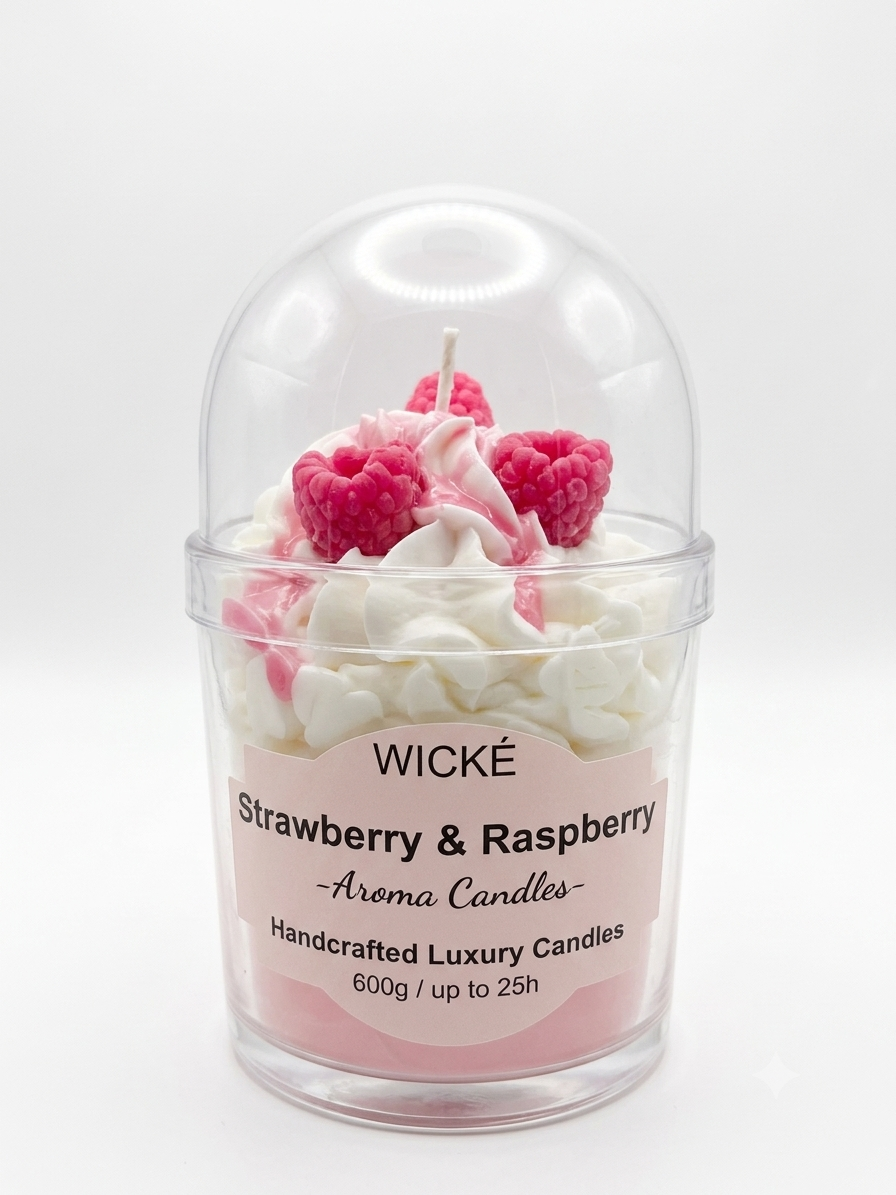 A WICKÉ Strawberry & Raspberry aroma candle in a clear glass jar with a white and pink label, topped with white wax swirls and two pink raspberry decorations under a clear dome lid, on a white background.