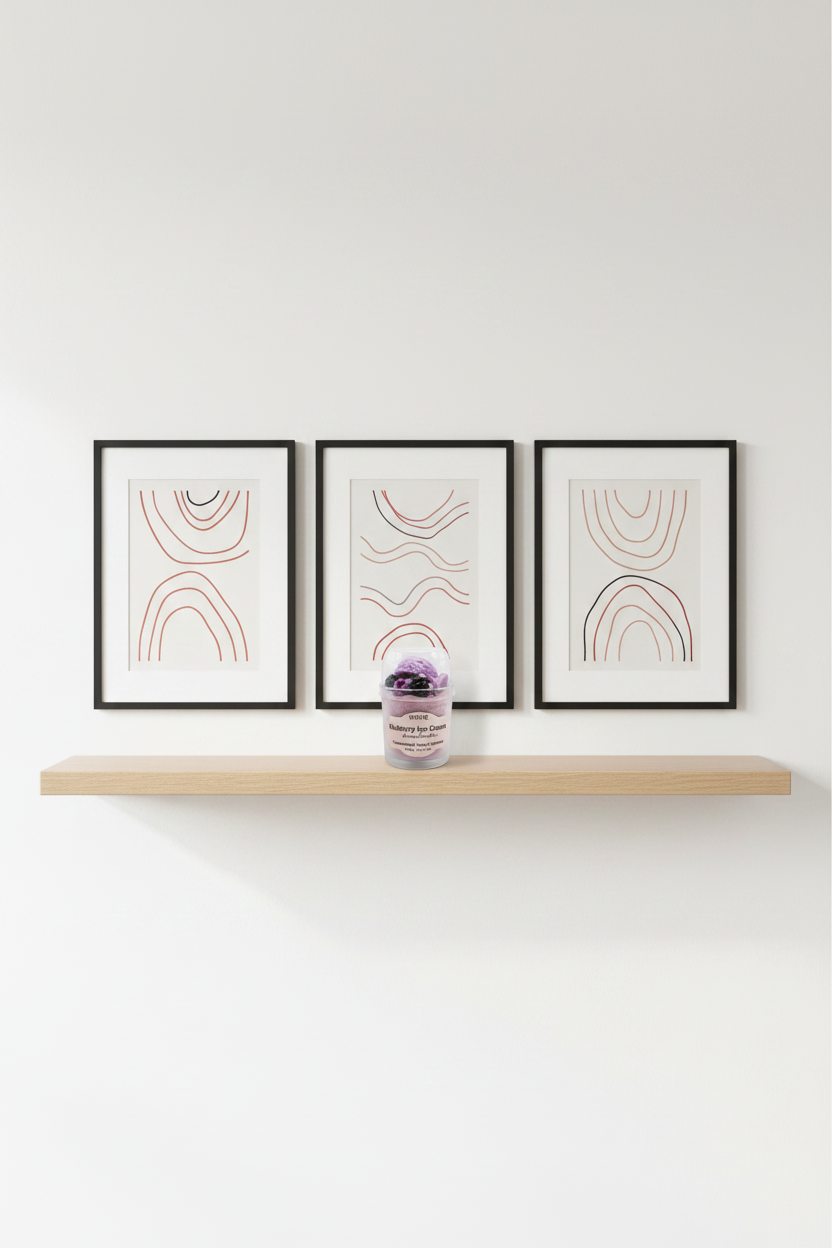A WICKÉ Mulberry Ice Cream aroma candle in a clear plastic tub with a clear domed lid, decorated with purple ice cream scoops and blackberries, on a white background.
