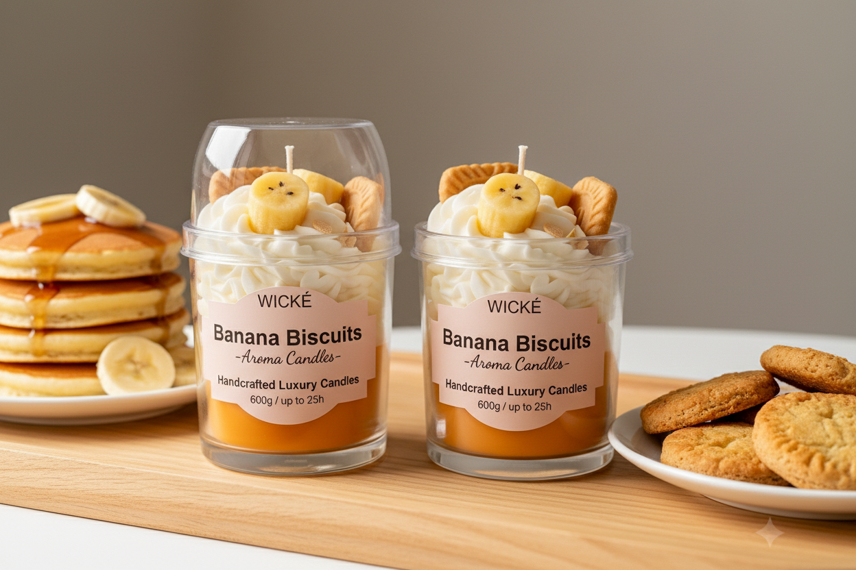 A WICKÉ Banana Biscuits aroma candle in a clear glass jar with a clear lid, filled with white wax and topped with a banana-shaped candle and biscuit decorations, on a white background.