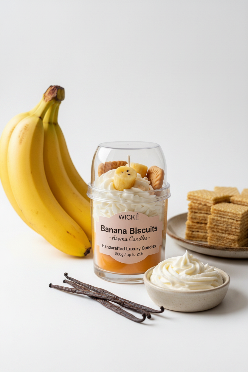 A WICKÉ Banana Biscuits aroma candle in a clear glass jar with a clear lid, filled with white wax and topped with a banana-shaped candle and biscuit decorations, on a white background.