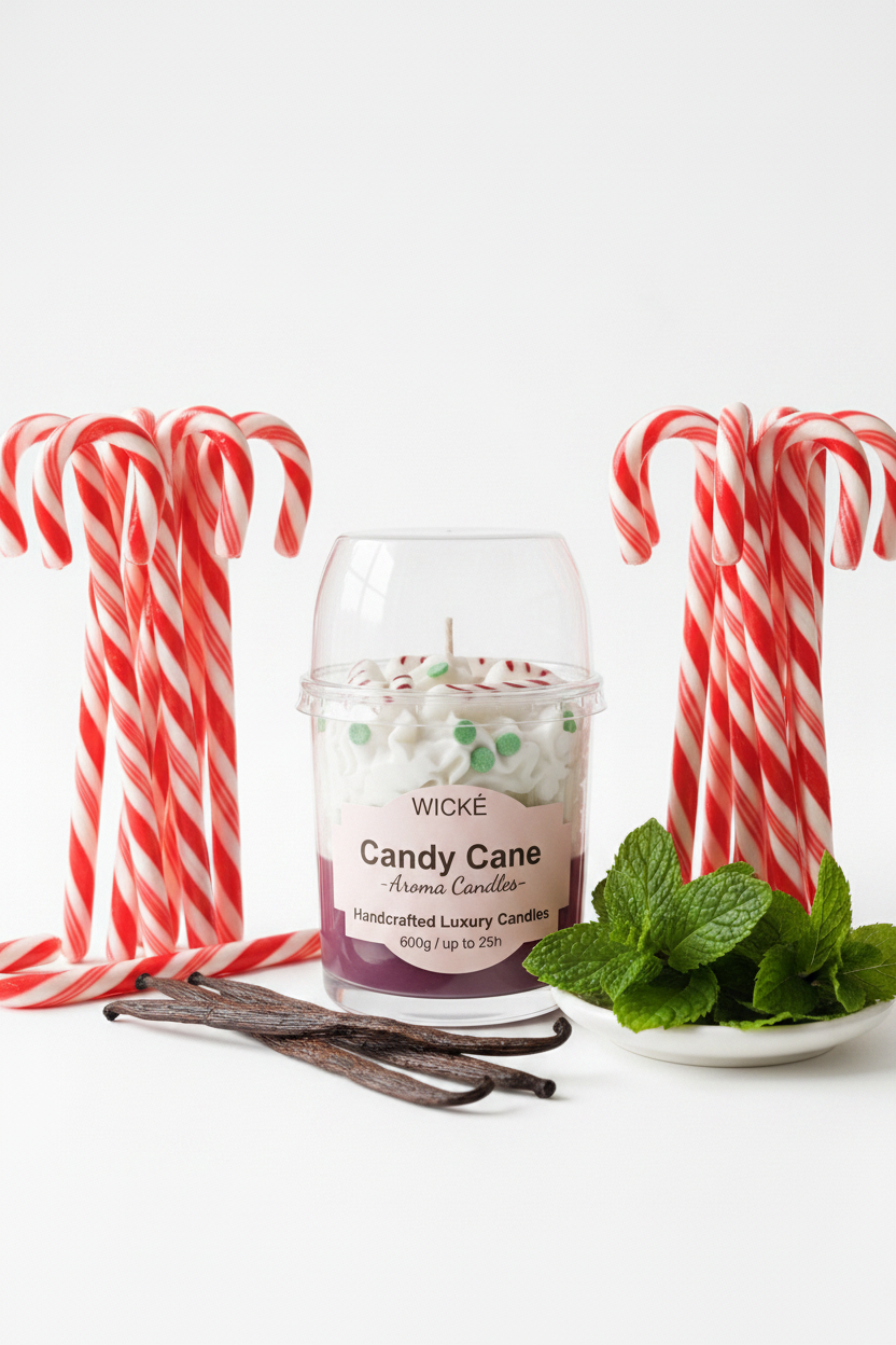 A WICKÉ 'Candy Cane' scented candle in a clear glass jar with a clear plastic dome lid, featuring white wax topped with candy cane and peppermint decorations, and a pink label on a white background.