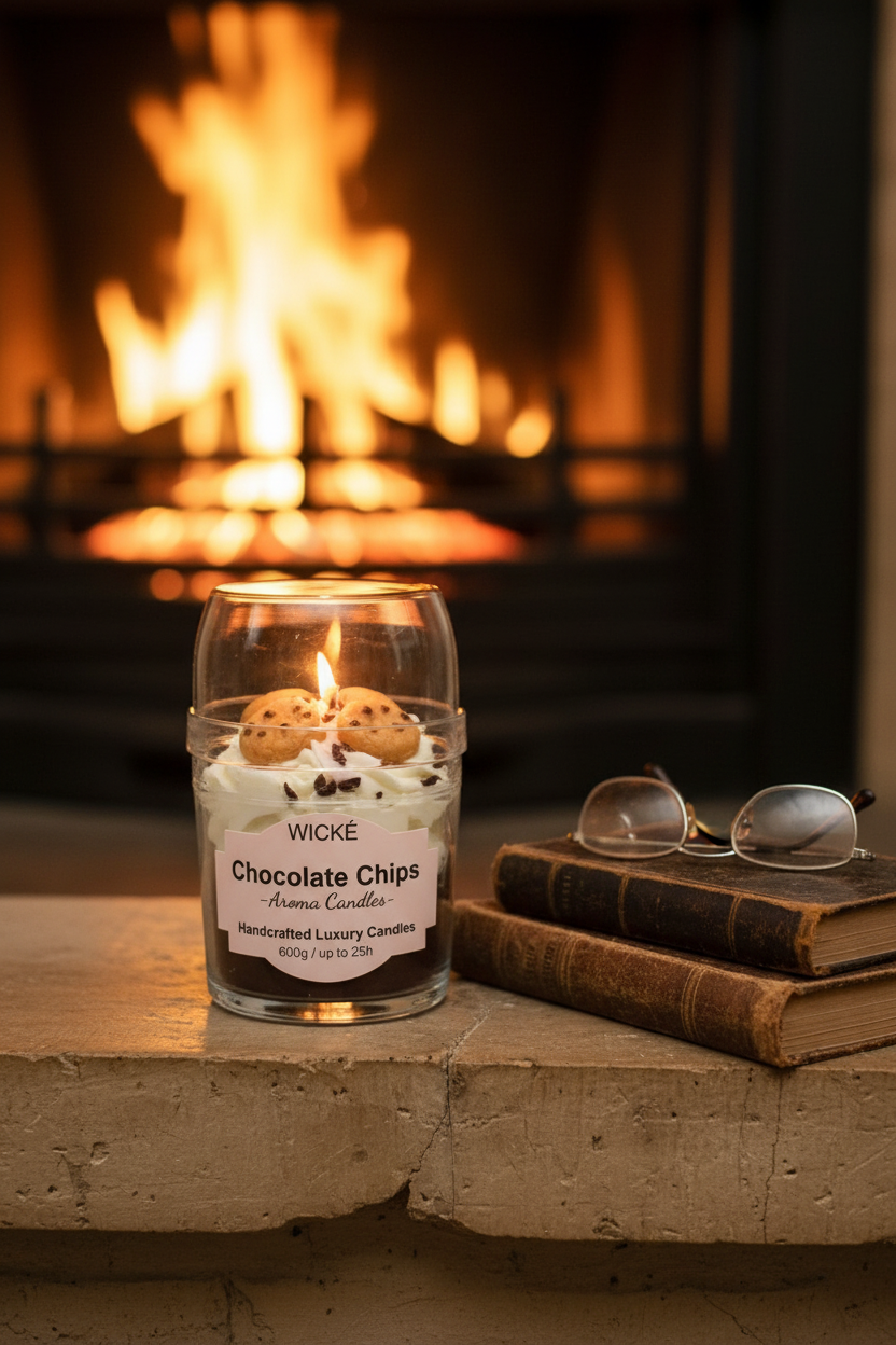 A WICKÉ Chocolate Chips aroma candle in a clear jar with a white wax base, decorated with white drizzle and chocolate chip cookies on top, under a clear protective dome lid.
