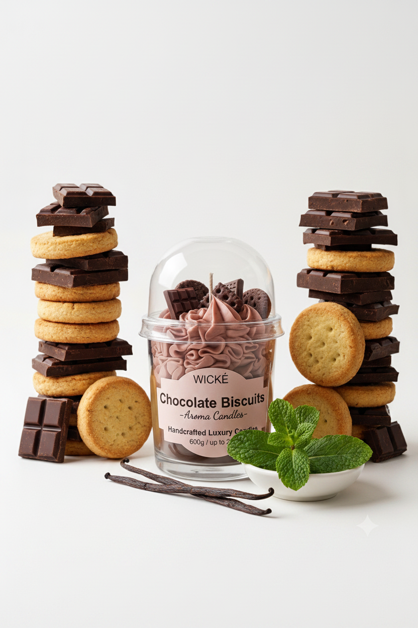 A WICKÉ Chocolate Biscuits aroma candle in a clear glass jar with a clear dome lid, filled with brown frosting and chocolate biscuit-shaped wax pieces, on a light gray background.