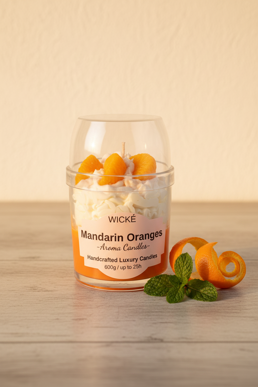 A WICKÉ 'Mandarin Oranges' scented candle in a clear glass jar with a clear glass dome lid, filled with white wax and topped with three orange mandarin segments, on a white background.