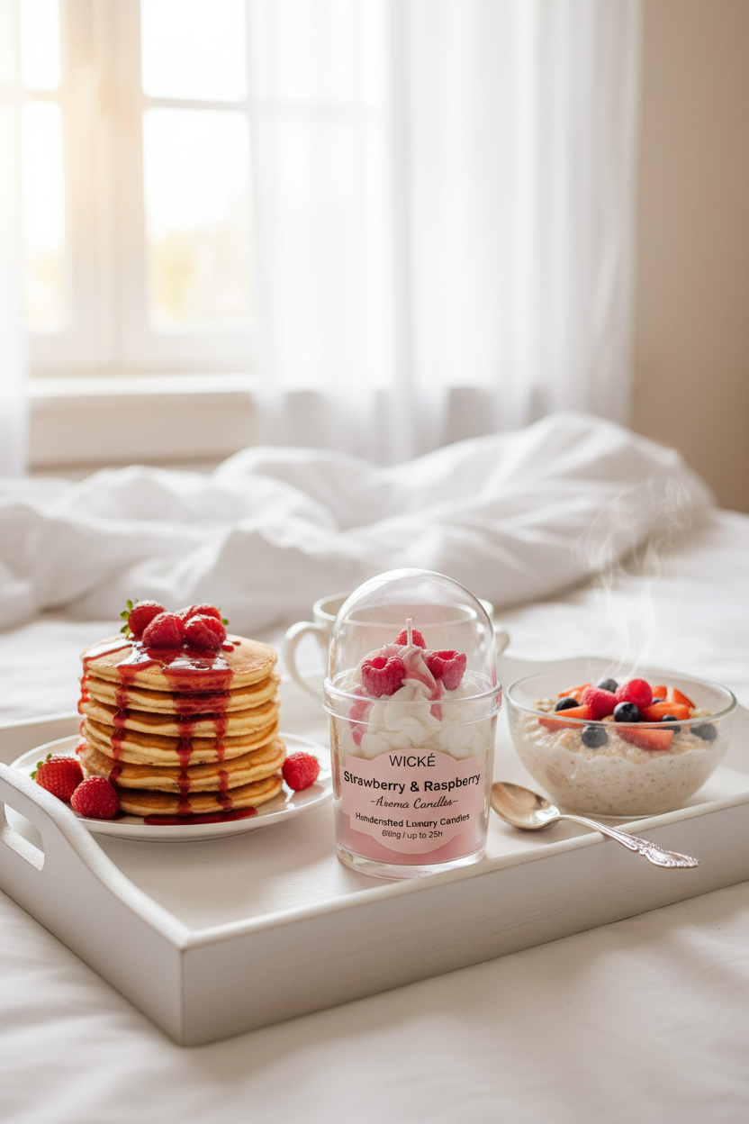 A WICKÉ Strawberry & Raspberry aroma candle in a clear glass jar with a white and pink label, topped with white wax swirls and two pink raspberry decorations under a clear dome lid, on a white background.
