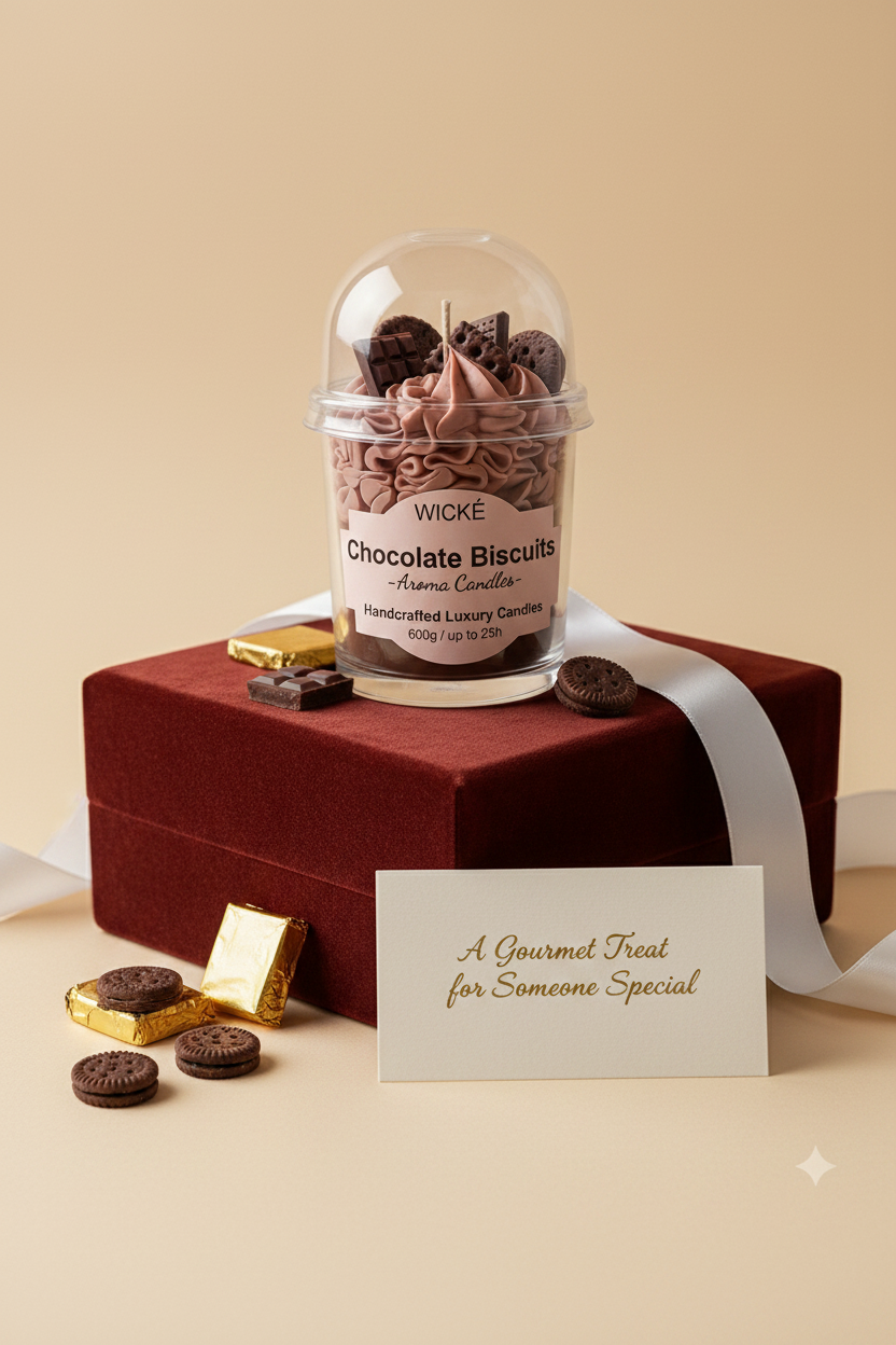 A WICKÉ Chocolate Biscuits aroma candle in a clear glass jar with a clear dome lid, filled with brown frosting and chocolate biscuit-shaped wax pieces, on a light gray background.