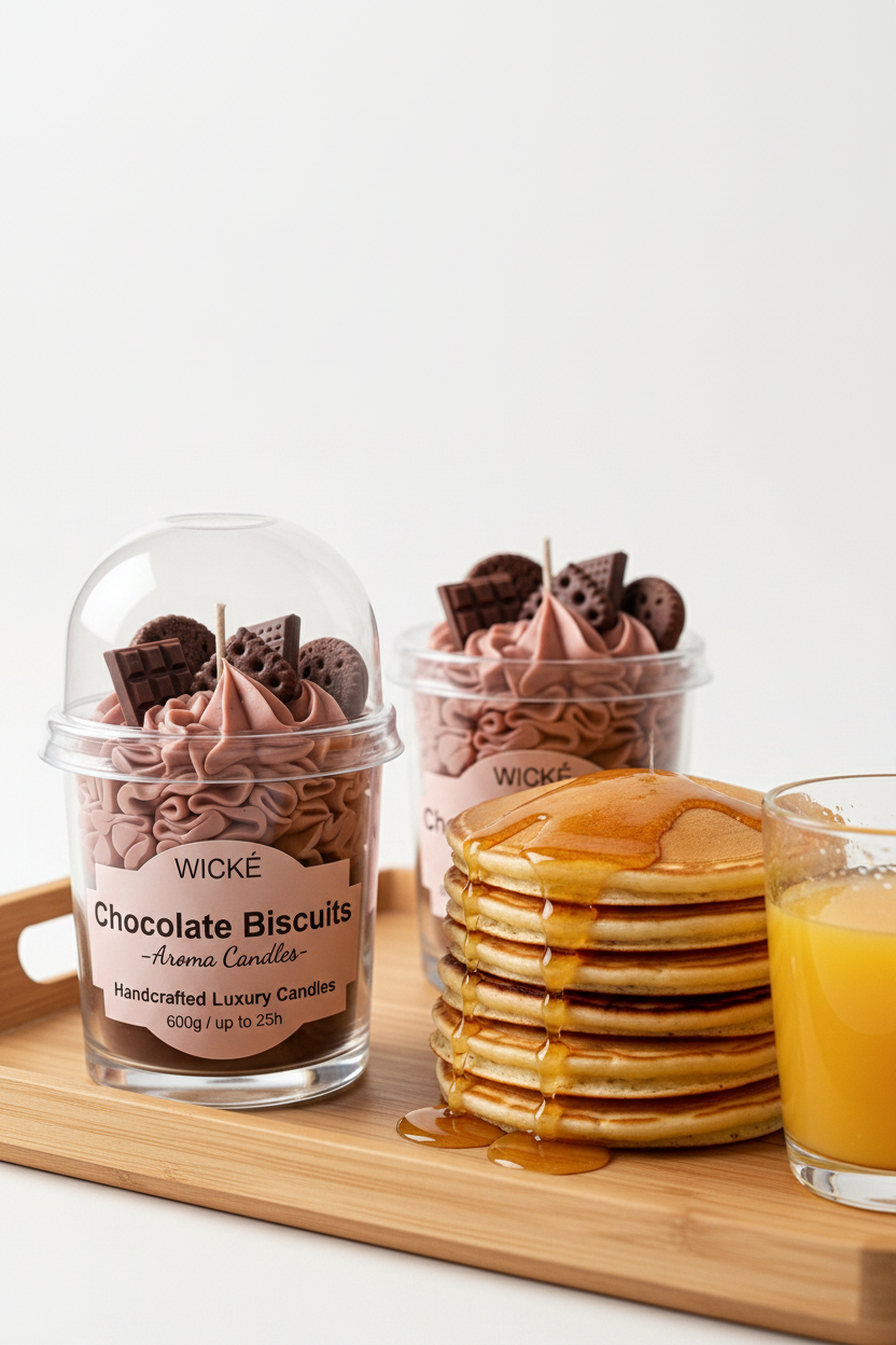 A WICKÉ Chocolate Biscuits aroma candle in a clear glass jar with a clear dome lid, filled with brown frosting and chocolate biscuit-shaped wax pieces, on a light gray background.