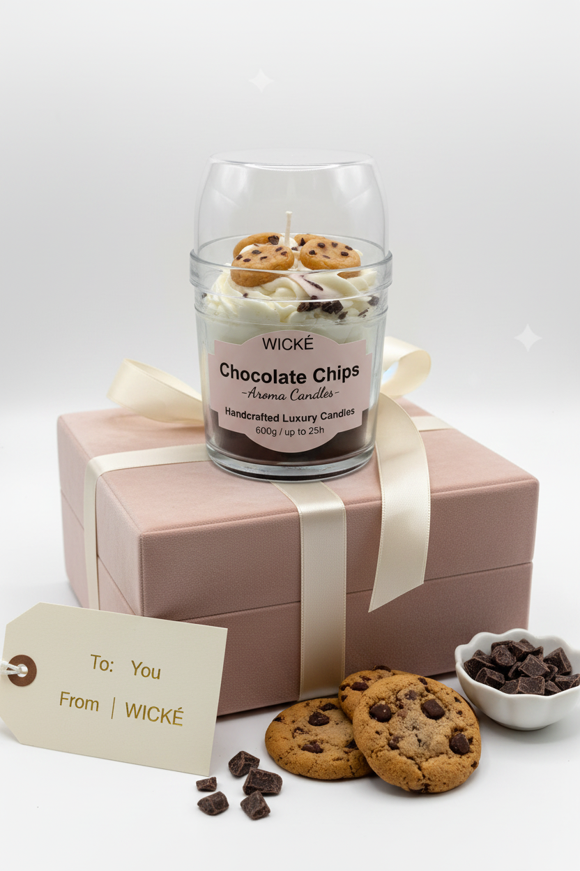 A WICKÉ Chocolate Chips aroma candle in a clear jar with a white wax base, decorated with white drizzle and chocolate chip cookies on top, under a clear protective dome lid.