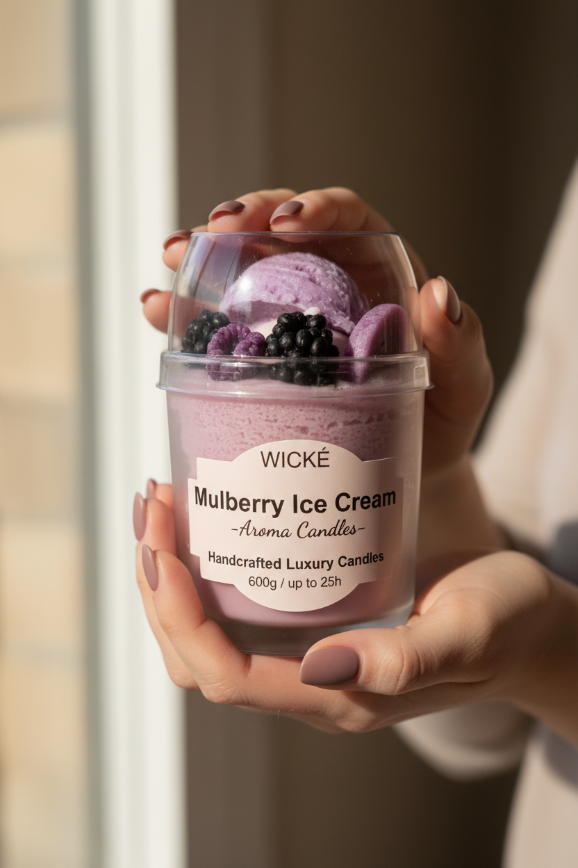 A WICKÉ Mulberry Ice Cream aroma candle in a clear plastic tub with a clear domed lid, decorated with purple ice cream scoops and blackberries, on a white background.