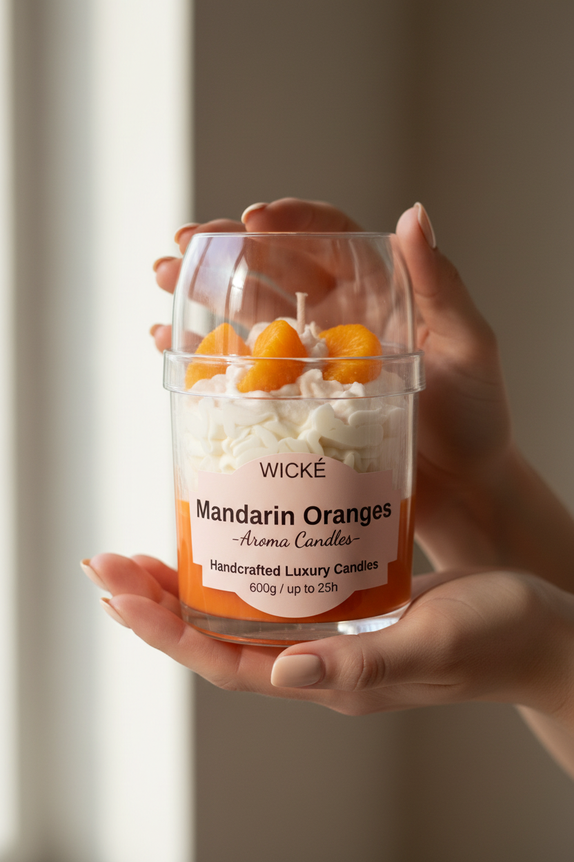 A WICKÉ 'Mandarin Oranges' scented candle in a clear glass jar with a clear glass dome lid, filled with white wax and topped with three orange mandarin segments, on a white background.