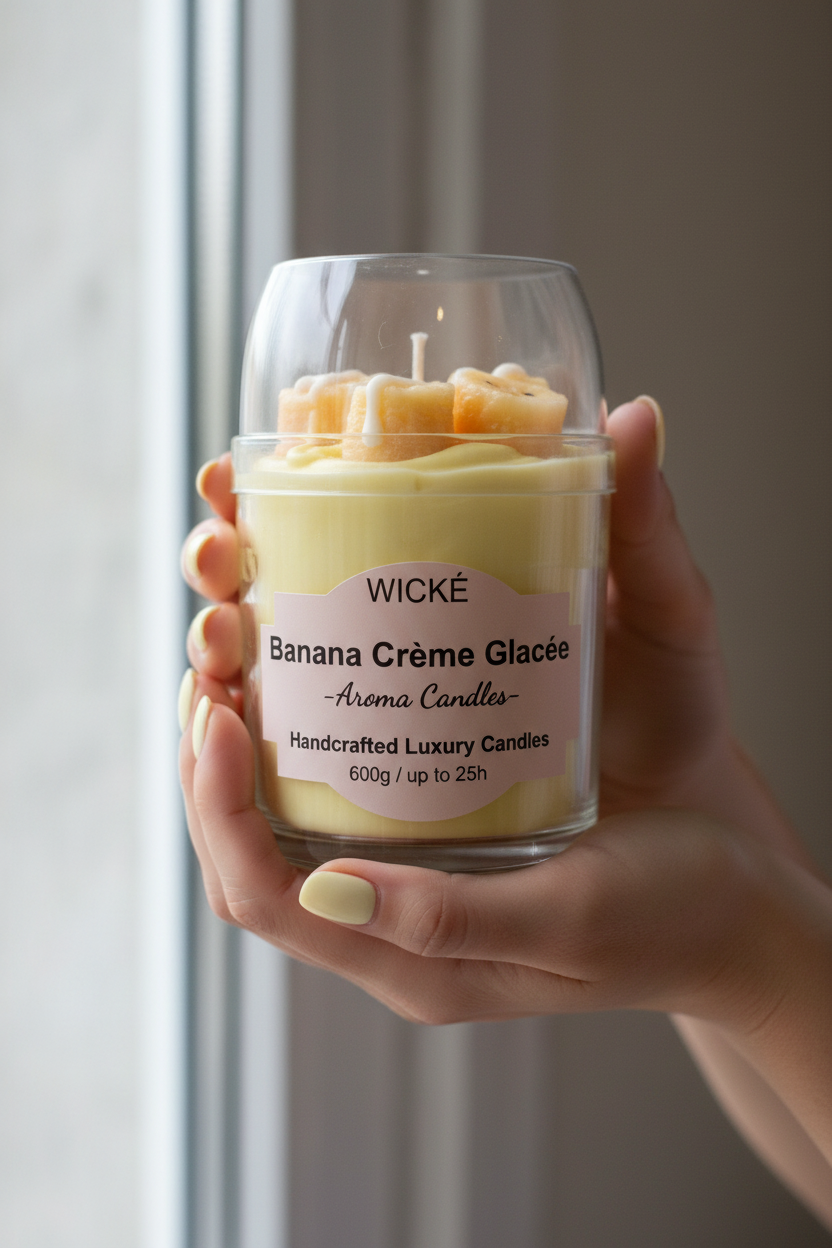 A WICKÉ Banana Crème Glacée aroma candle in a clear glass jar with a clear lid, filled with pale yellow wax and topped with three small yellow banana-shaped wax candles with white drizzle, on a white background.