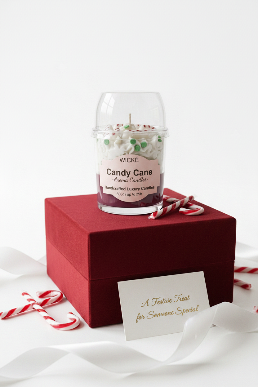 A WICKÉ 'Candy Cane' scented candle in a clear glass jar with a clear plastic dome lid, featuring white wax topped with candy cane and peppermint decorations, and a pink label on a white background.