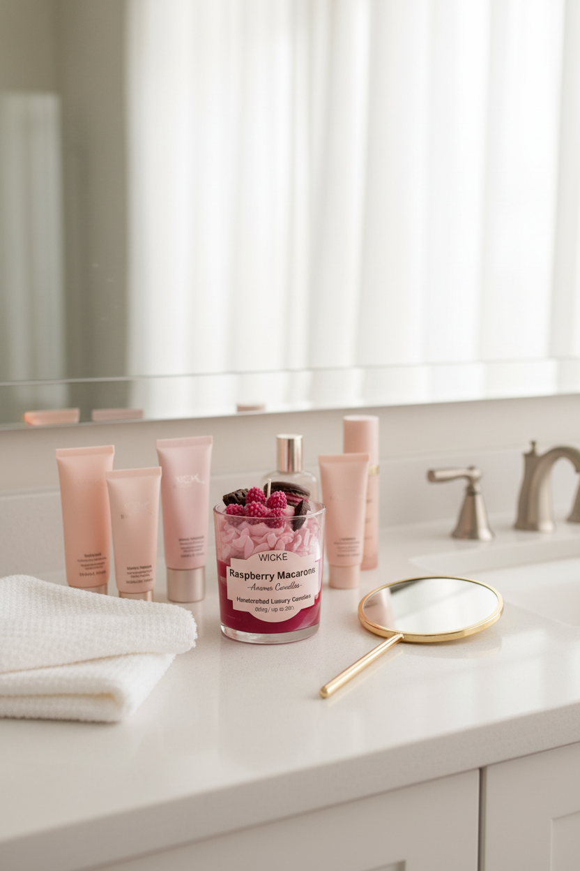 A Raspberry Macrons scented candle by WICKÉ in a clear glass jar, decorated with pink whipped wax, dark red raspberries, and chocolate cookie pieces on top, set against a plain white background.