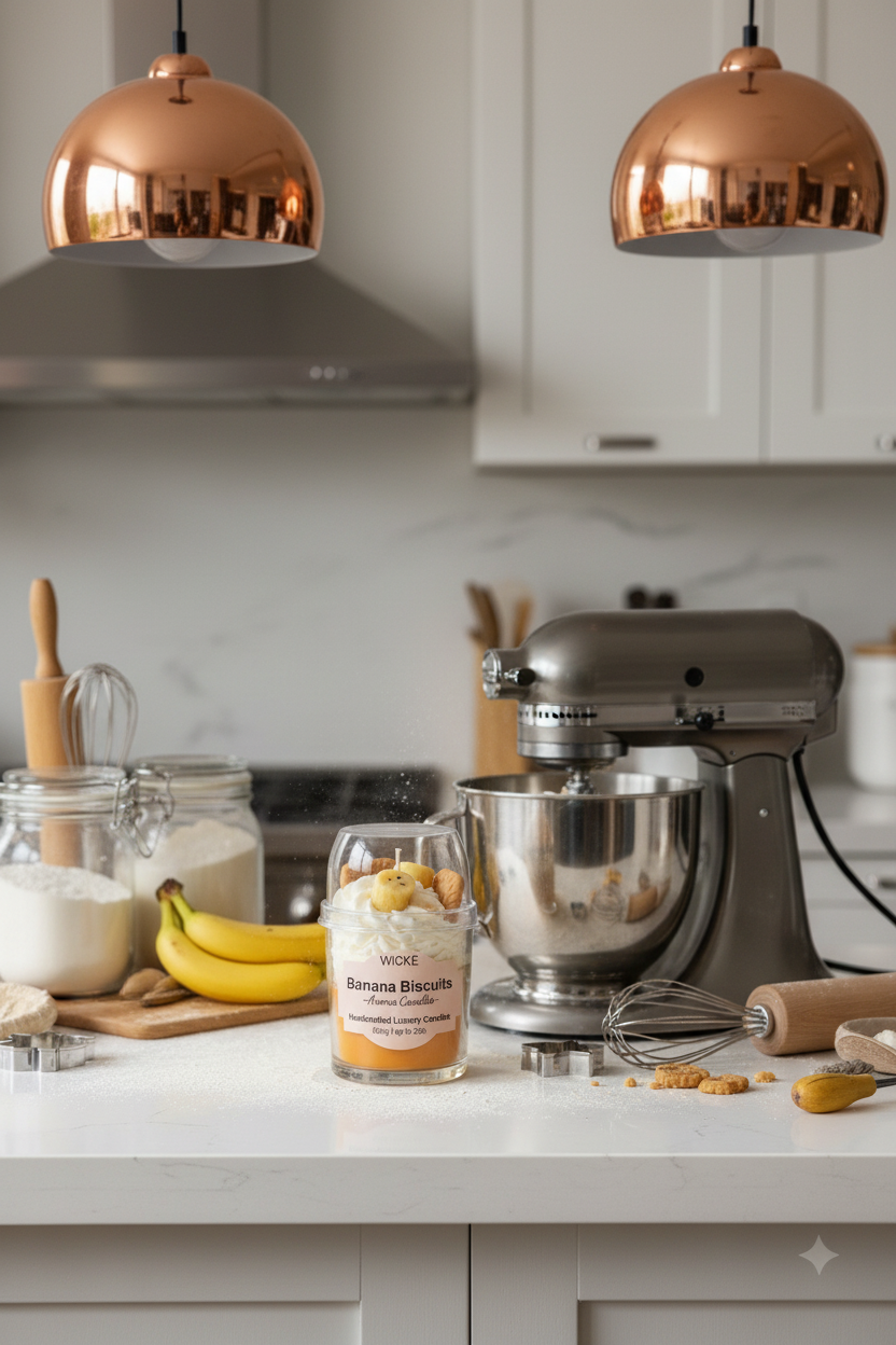 A WICKÉ Banana Biscuits aroma candle in a clear glass jar with a clear lid, filled with white wax and topped with a banana-shaped candle and biscuit decorations, on a white background.