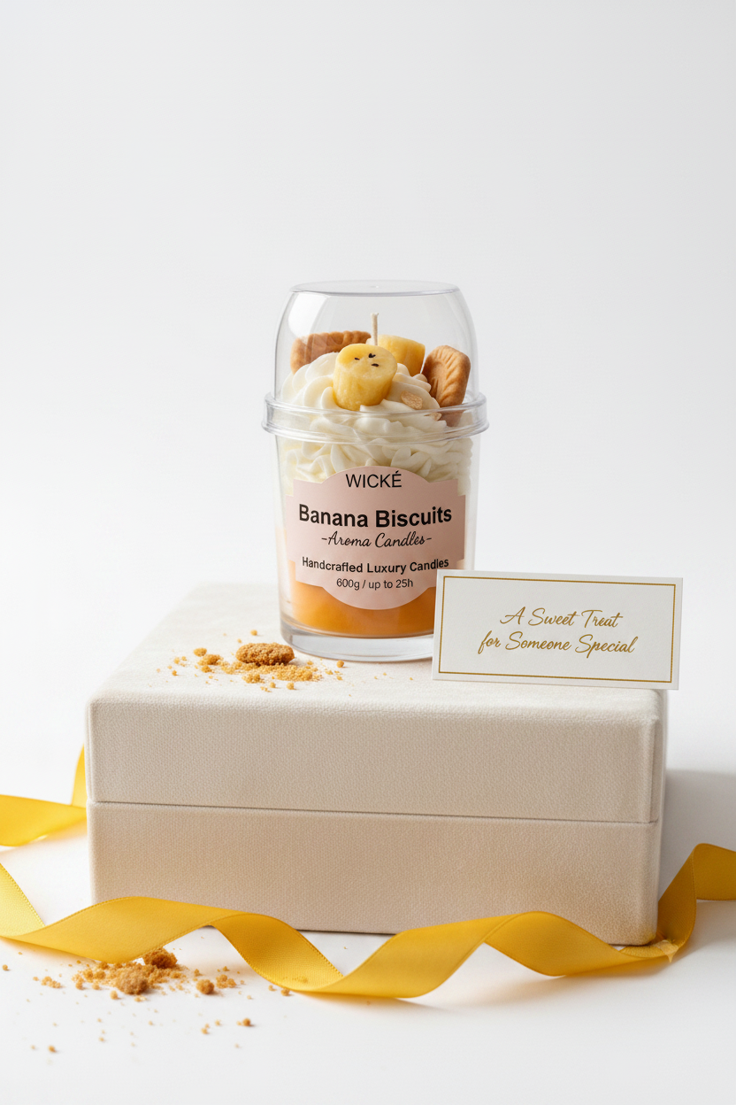 A WICKÉ Banana Biscuits aroma candle in a clear glass jar with a clear lid, filled with white wax and topped with a banana-shaped candle and biscuit decorations, on a white background.