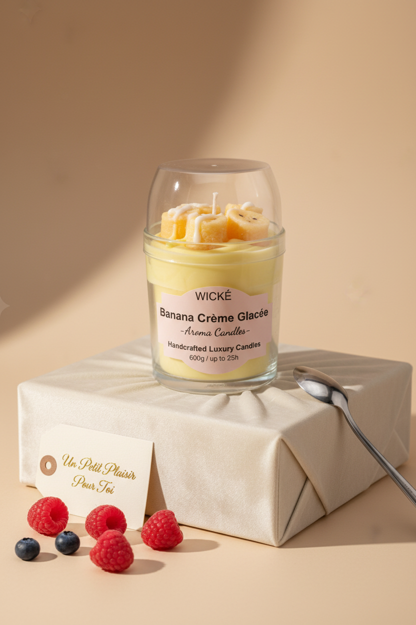 A WICKÉ Banana Crème Glacée aroma candle in a clear glass jar with a clear lid, filled with pale yellow wax and topped with three small yellow banana-shaped wax candles with white drizzle, on a white background.