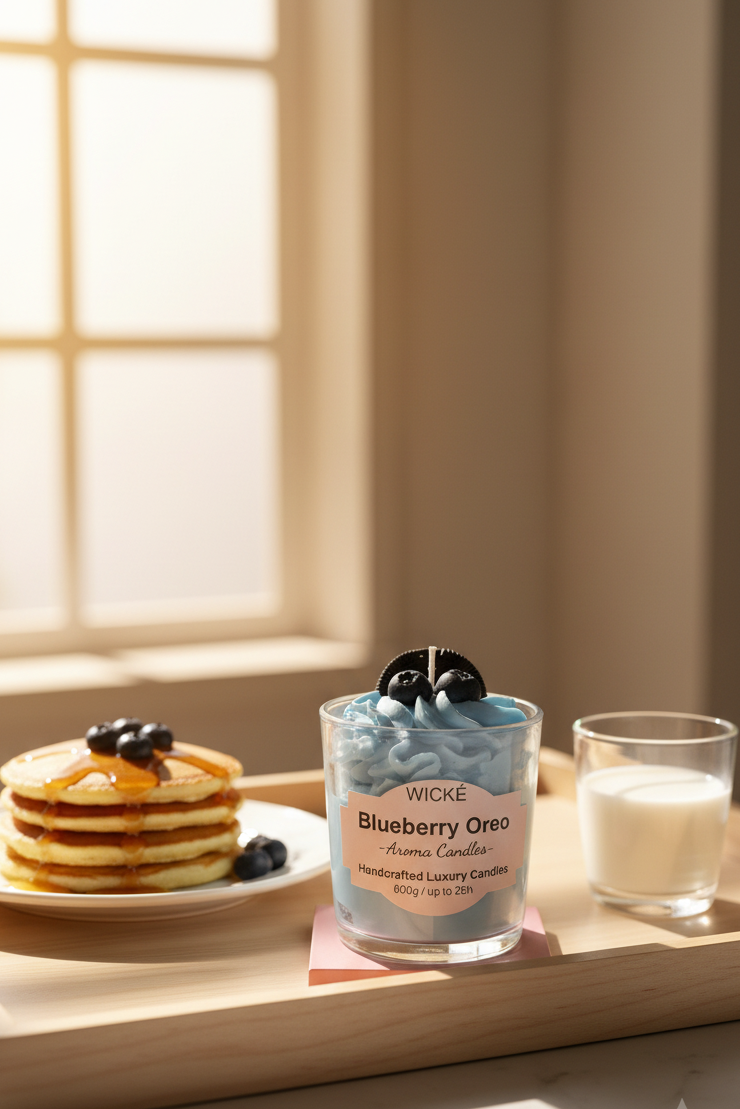 A Wicke Blueberry Oreo scented candle in a clear glass jar, filled with light blue whipped cream and topped with a dark blueberry and a black cookie decoration, sitting on a pink square coaster against a white background.