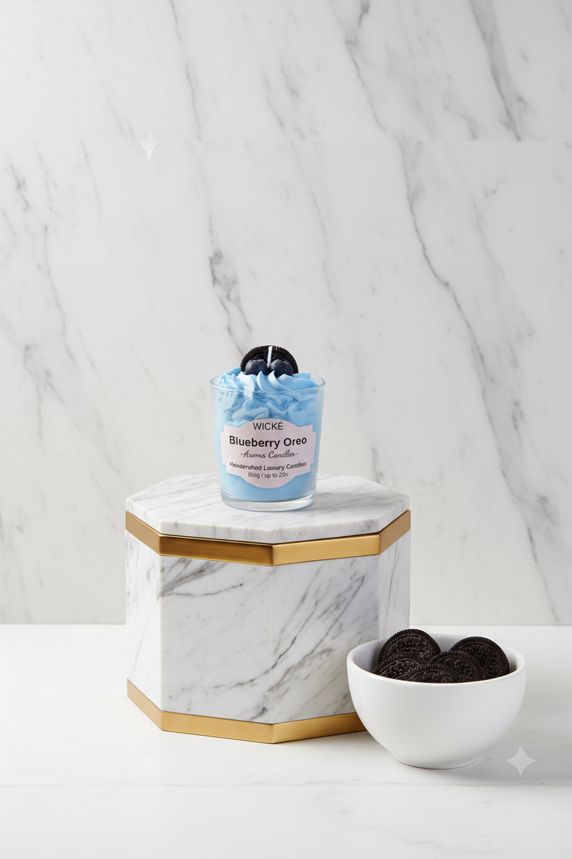 A Wicke Blueberry Oreo scented candle in a clear glass jar, filled with light blue whipped cream and topped with a dark blueberry and a black cookie decoration, sitting on a pink square coaster against a white background.