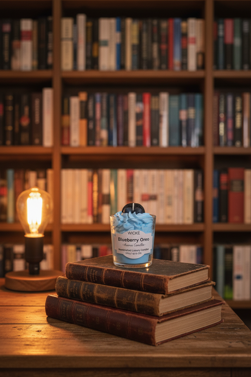 A Wicke Blueberry Oreo scented candle in a clear glass jar, filled with light blue whipped cream and topped with a dark blueberry and a black cookie decoration, sitting on a pink square coaster against a white background.