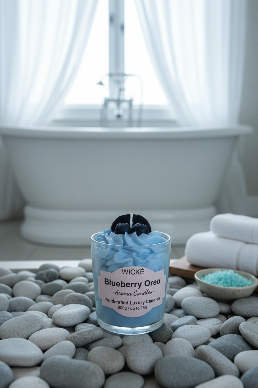 A Wicke Blueberry Oreo scented candle in a clear glass jar, filled with light blue whipped cream and topped with a dark blueberry and a black cookie decoration, sitting on a pink square coaster against a white background.
