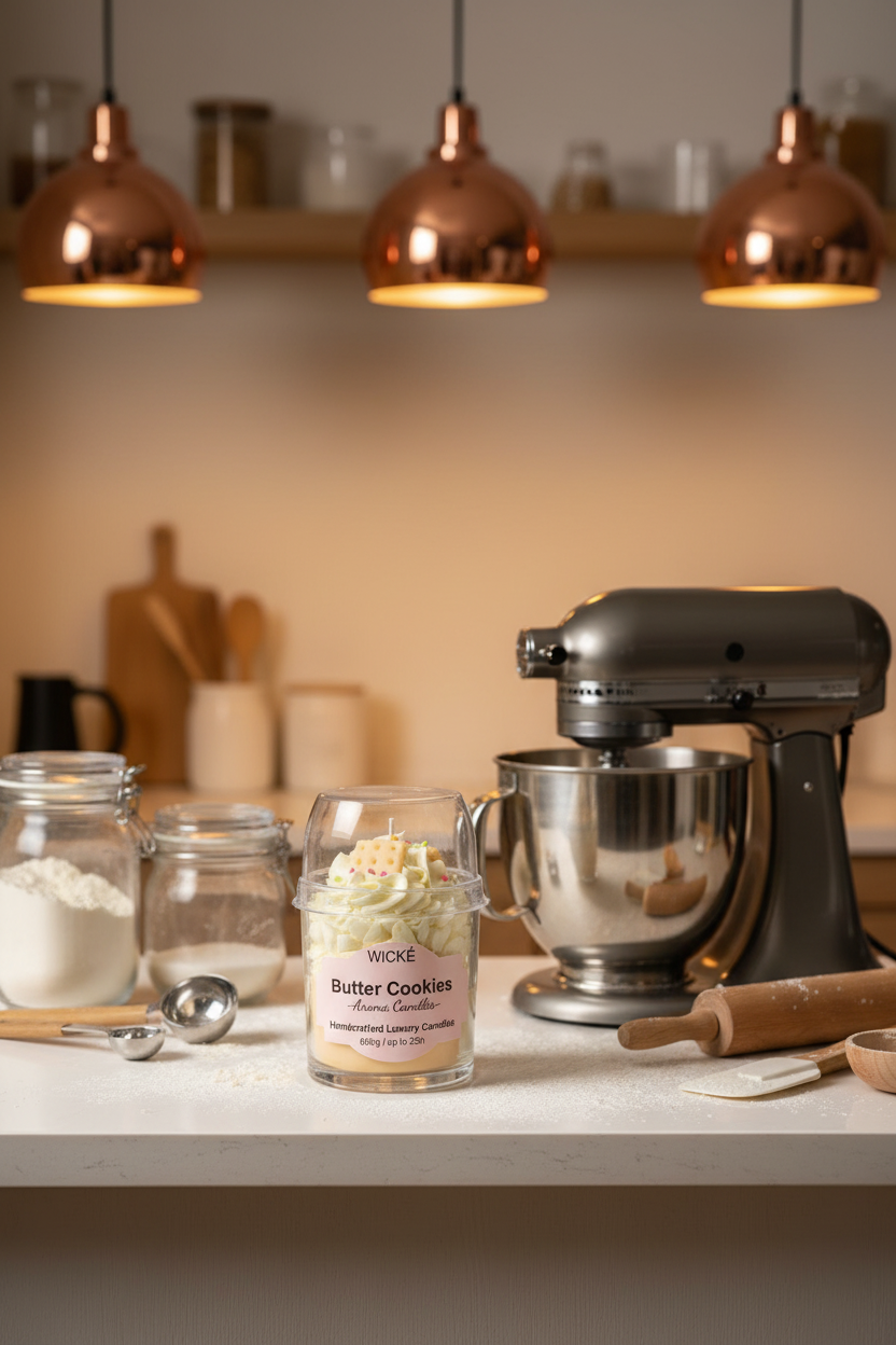 A WICKÉ Butter Cookies aroma candle in a clear glass jar with a clear plastic dome lid. The candle features a layered design with cream-colored frosting swirls, a yellow cracker cookie candle piece on top with small colorful sprinkles, and a pale yellow wax base.
