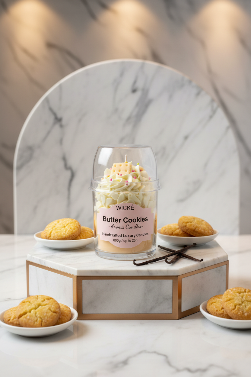 A WICKÉ Butter Cookies aroma candle in a clear glass jar with a clear plastic dome lid. The candle features a layered design with cream-colored frosting swirls, a yellow cracker cookie candle piece on top with small colorful sprinkles, and a pale yellow wax base.