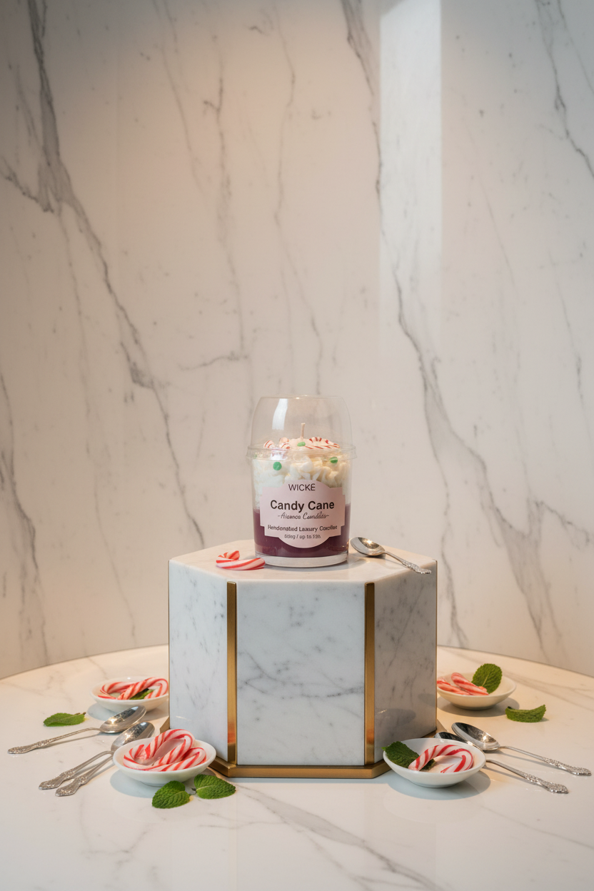 A WICKÉ 'Candy Cane' scented candle in a clear glass jar with a clear plastic dome lid, featuring white wax topped with candy cane and peppermint decorations, and a pink label on a white background.