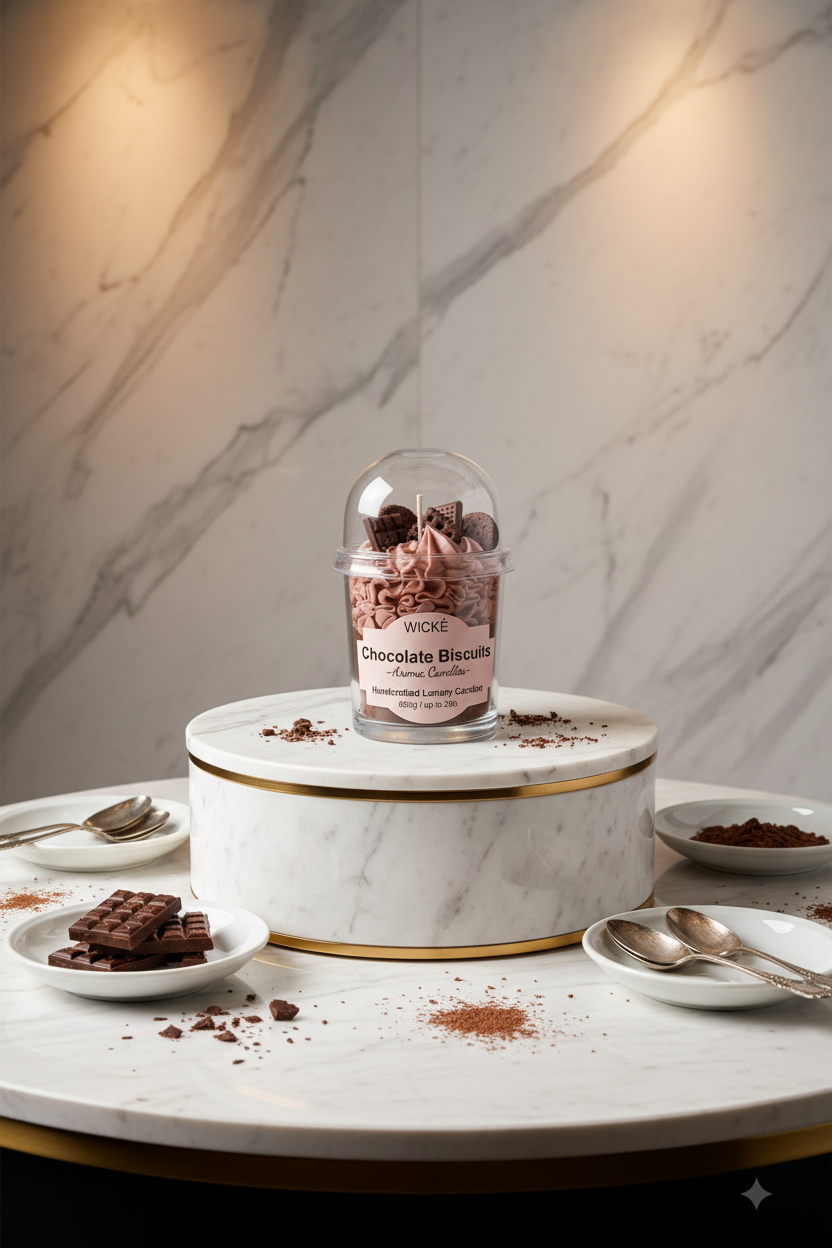 A WICKÉ Chocolate Biscuits aroma candle in a clear glass jar with a clear dome lid, filled with brown frosting and chocolate biscuit-shaped wax pieces, on a light gray background.
