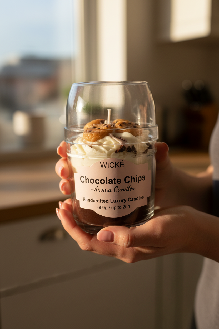 A WICKÉ Chocolate Chips aroma candle in a clear jar with a white wax base, decorated with white drizzle and chocolate chip cookies on top, under a clear protective dome lid.