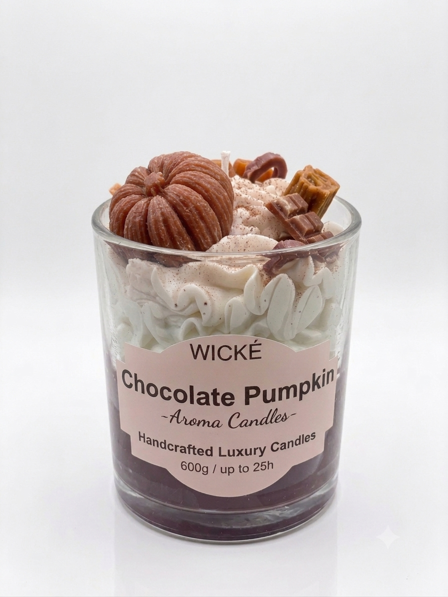 A WICKÉ 'Chocolate Pumpkin' scented candle in a clear glass jar, filled with layers of cream-colored wax, white flower petals, and topped with decorative wax pumpkins and chocolate pieces, set against a plain white background.