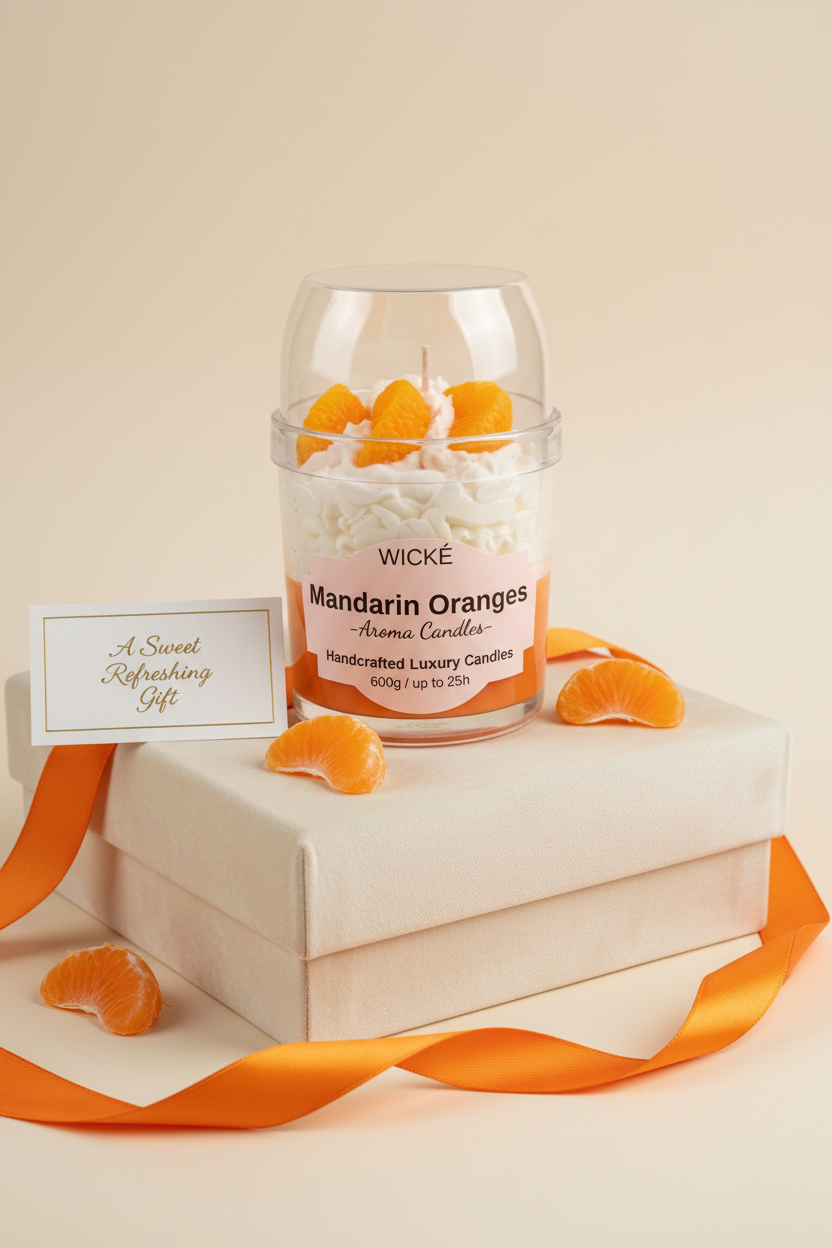 A WICKÉ 'Mandarin Oranges' scented candle in a clear glass jar with a clear glass dome lid, filled with white wax and topped with three orange mandarin segments, on a white background.